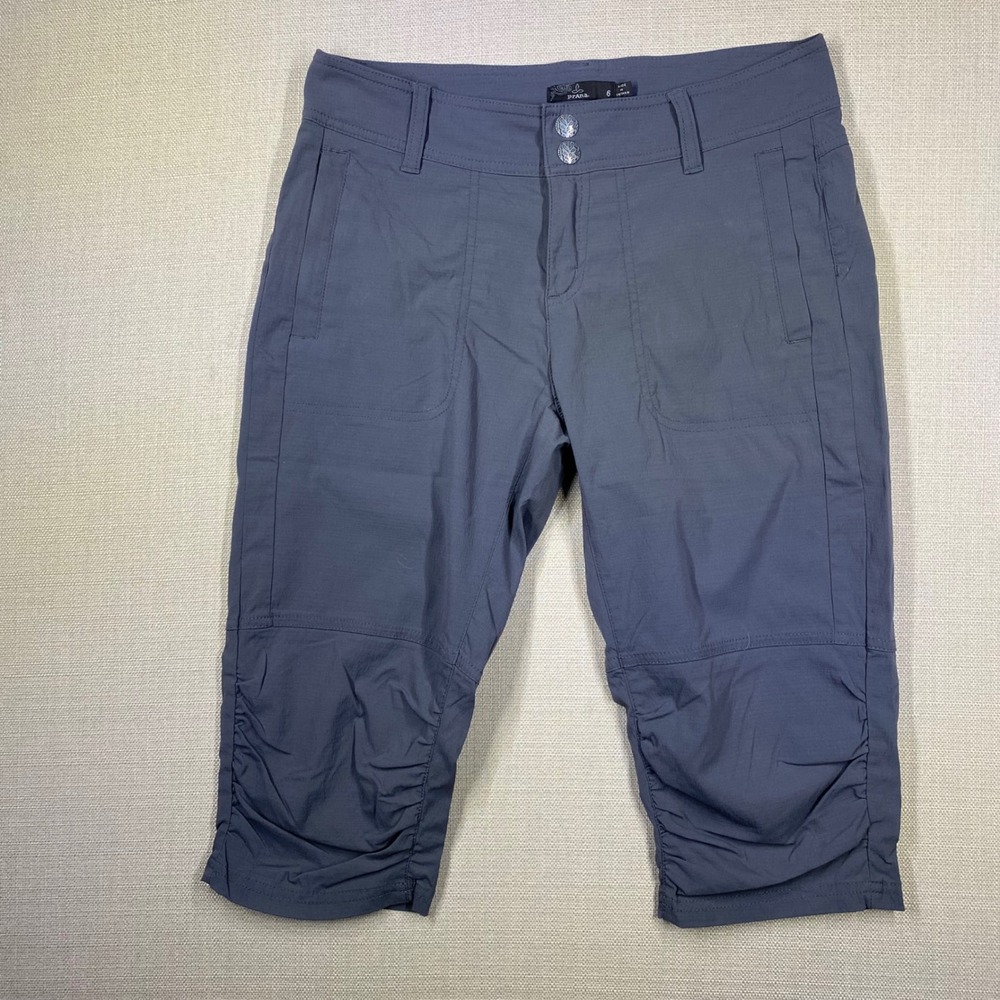 PrAna Ravenna Knickers Capri Gray Hiking Pants Women Size 6 Ruched Hem W41180432